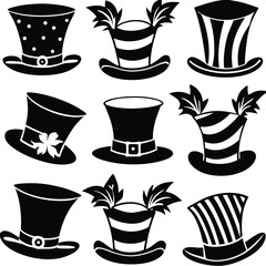 Set of Black and White St. Patrick's Day Leprechaun Hat Illustrations