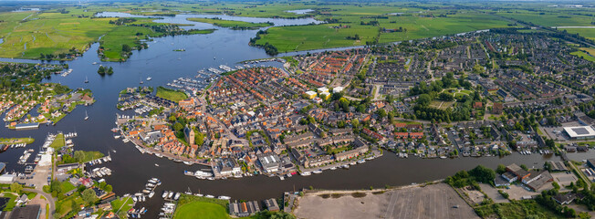 Aerial view of the old town of the city Grou in the Netherlands on a sunny day in summer