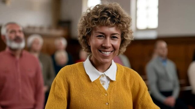 Joyful woman embracing community in church gathering with warm smiles and friendship