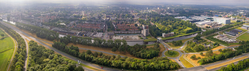 Aerial view of the old town of the city Hoogezand in the Netherlands on a sunny day in summer