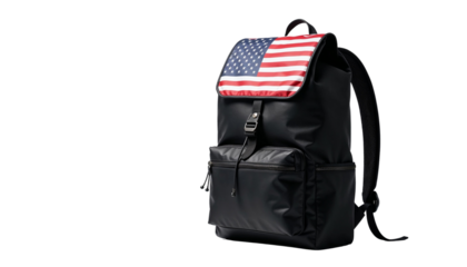 Trendy black backpack featuring an American flag design on the flap against a white background
