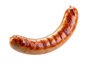 Grilled sausage isolated on transparent background, ready to eat
