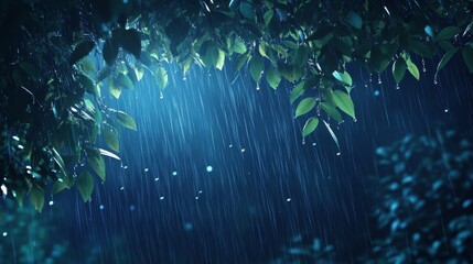 Rain falling on dense forest canopy at night, dark atmospheric nature background with glistening raindrops, seamless loop 4k animation