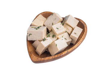 Sliced Diced soybean tofu cheese in bowl isolated on white background. top view