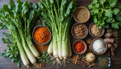 Fresh radishes and green herbs are arranged alongside a variety of spices, grains, and lentils on a wooden surface, showcasing a rich palette of colors and textures for cooking