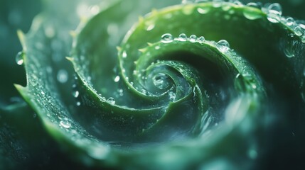 Spiral aloe Vera plant with fresh water droplets, close-up macro view
