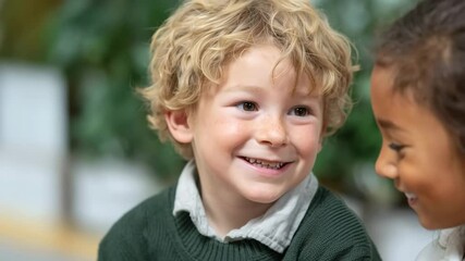 Joyful interaction between two children sharing secrets and smiles in a cozy setting - Powered by Adobe