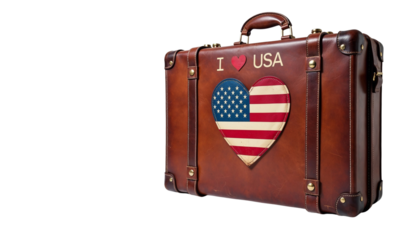 Vintage leather suitcase featuring "I Love USA" design with an American flag heart emblem against a white background
