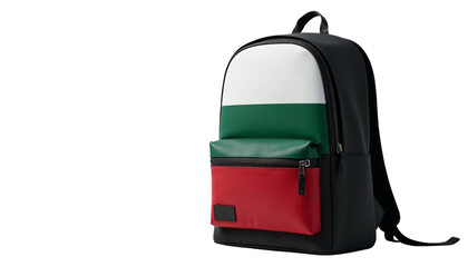 Fototapeta premium Stylish black backpack featuring green, white, and red colors resembling the Bulgarian flag against a white background 
