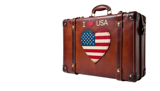 Vintage leather suitcase featuring "I Love USA" design with an American flag heart emblem against a white background
- Powered by Adobe