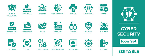 Cyber Security Icon Set. Features symbols for data protection, threat defense, encryption, and network security. Perfect for IT teams, cybersecurity, and businesses.