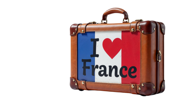 Vintage leather suitcase featuring "I Love France" design with a French flag background against a white background - Powered by Adobe