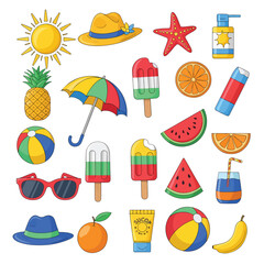 Adobe illustrator vector flat style illustration of a vibrant collection of summer-themed icons, including flip-flops, a bikini, watermelon slice, beach ball, sun, ice cream, a tropical drink, luggage