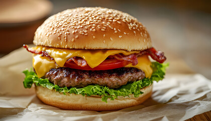 burger with cheese, bacon, salad and vegetables on a wooden  board