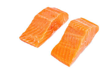 Uncooked Raw Salmon fillet steaks isolated on white background. top view