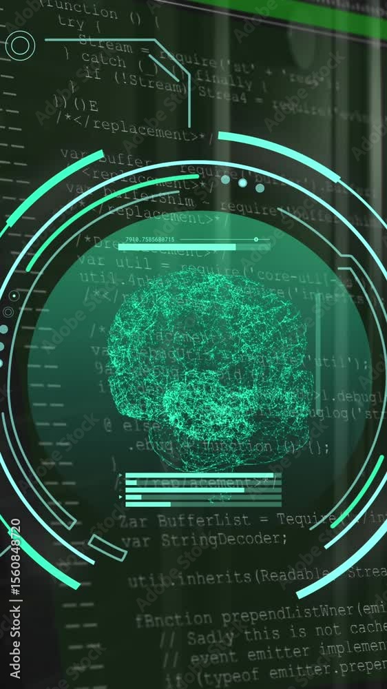 Poster animation of scope with human brain and data processing over computer servers