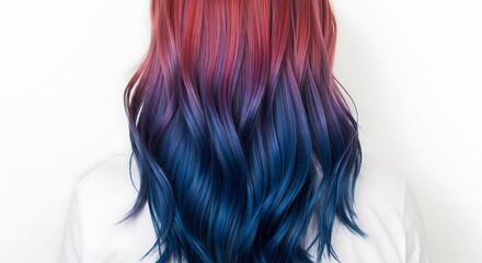 A captivating view of hair dyed in a striking red to blue ombre, creating a vibrant visual
