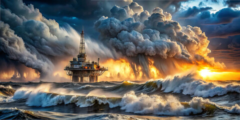 An oil rig stands resilient against a backdrop of a vibrant sunset, where heavy clouds swirl above turbulent ocean waves. Nature's forces collide in this captivating moment