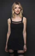 A woman in a black dress and stockings posing for a picture