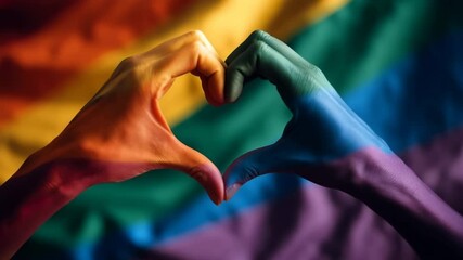 Hands shape heart against rainbow flag, celebrating diversity and inclusion - Powered by Adobe