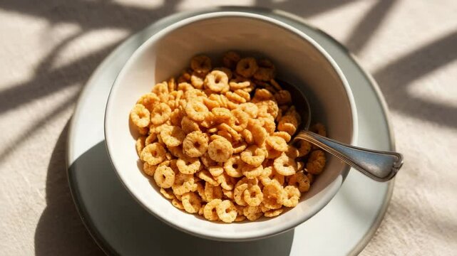 A bowl filled with round cereal rings in soft sunlight, shot in close-up. Ideal for visual stories about food, quirky facts, or unexpected historical trivia.