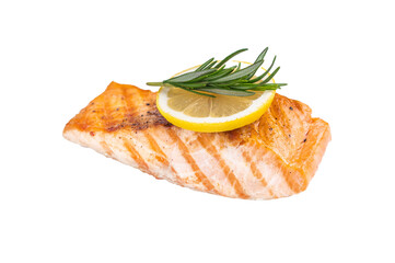Grilled salmon fillet steak, roast fish isolated on white background. top view