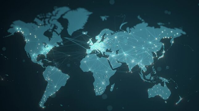 Animated flat world map with glowing lines connecting major cities &ndash; digital communication network, abstract global data flow, minimalist tech visualization