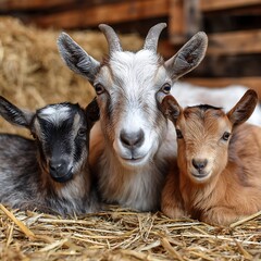 Fototapeta premium A mother goat with two kids lying on straw in a barn looking at the camera closely
