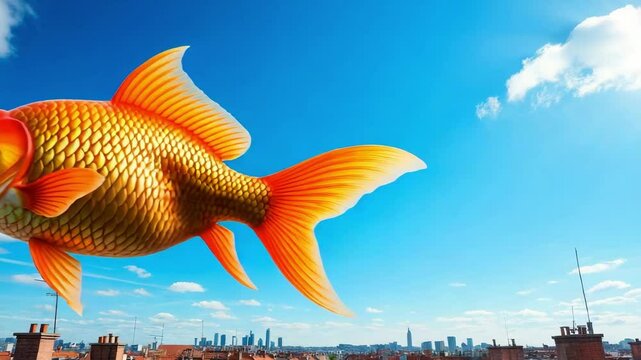 Giant goldfish floating above city rooftops surreal visual for fun fact content