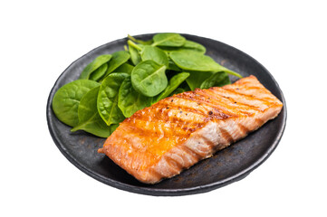 Roast salmon fillet steak with spinach isolated on white background. top view