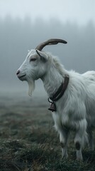 Obraz premium A white goat with a bell standing in a field on a foggy day in a rural landscape