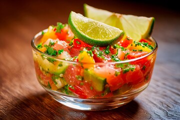 Diced tomatoes, onions, and peppers are mixed with fresh herbs to create a vibrant salsa. The dish is garnished with lime wedges, adding a zesty touch