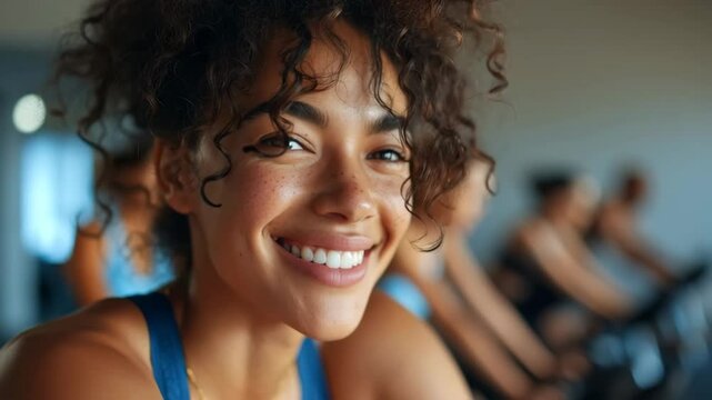 Energetic woman smiling during intense spin class workout