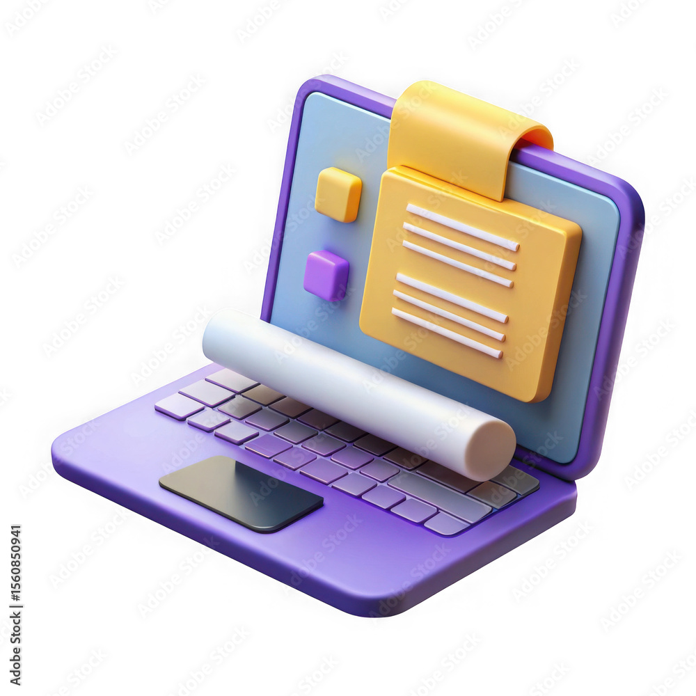 Fototapete stylized 3d laptop with document and colorful interface elements isolated on transparent background