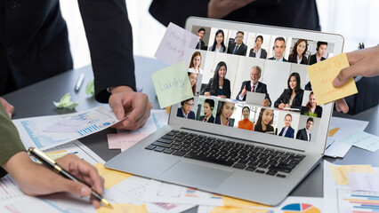 Analyst team use sticky note for creative and analytic brainstorm for business idea with BI data...