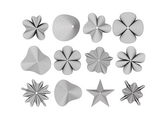  Collection of abstract black line art shapes with optical illusion effects. Includes stars, flowers, blobs, and spirals. Perfect for modern design, posters, and backgrounds.