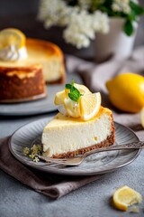 A slice of creamy lemon cheesecake is presented on a decorative plate, garnished with lemon slices and mint leaves. The background features blurred kitchen elements and fresh lemons