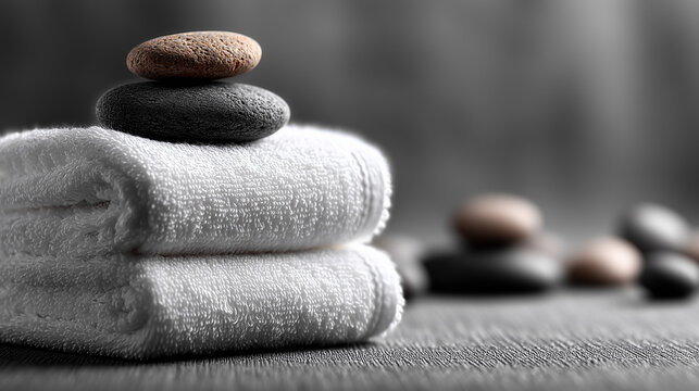 Spa concept 
textured towels  with massage stones. Banner for spa