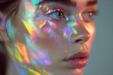Model posing with holographic light effects projected on face