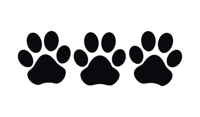 Three black paw prints in a row on a white background representing pets and animals