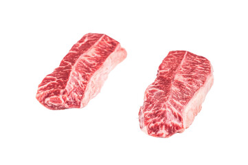 Raw Top blade steak, beef shoulder meat isolated on white background. top view