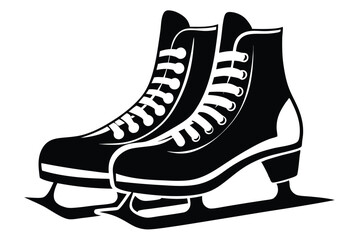 Elegant Black and White Graphic Illustration of Classic Ice Skates with White Laces