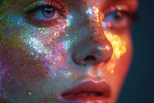 Young woman with glittering holographic makeup, a close up beauty portrait