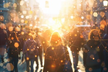 Network connecting people walking down a city street at sunset