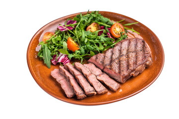 Grilled Australian Oyster Top blade steak with salad on a plate isolated on white background. top view
