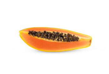 Single slice of ripe papaya with seeds isolated. Papaya fruit with orange colored fruit flesh.