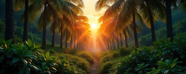Tranquil Sunset in a Lush Tropical Palm Forest Dappled Sunlight Filters Through Dense Foliage, Creating a Serene and Exotic Scene Ideal for Travel and Nature Projects
