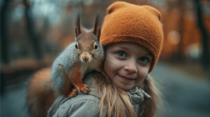 Obraz premium A charming girl with a winter hat enjoys a moment with a cute squirrel on her shoulder in an outdoor park setting.