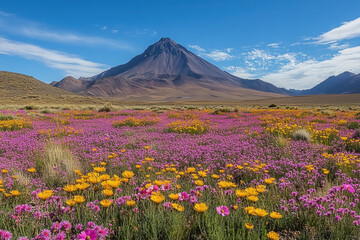 Mountain backdrop for a field of flowers.