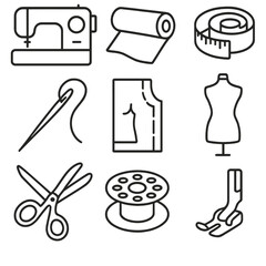 Fototapeta premium Sewing Icon Set. Outline style icons of Sewing and Tailoring: sewing machine, fabric roll, tailor’s tape, needle with thread,